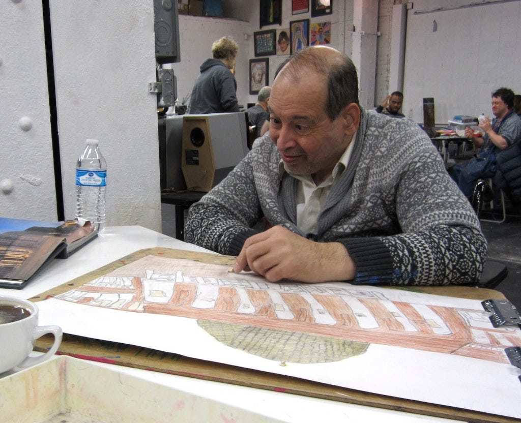 Seated Man, drawing a domed building with colored pencils on paper